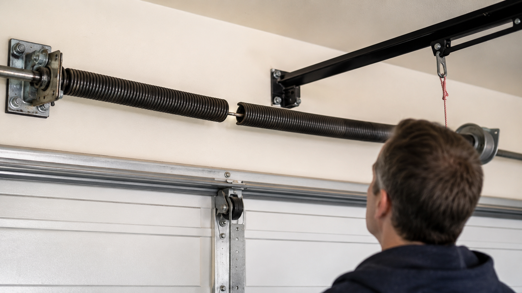 Close-up of a broken garage door torsion spring with visible gap